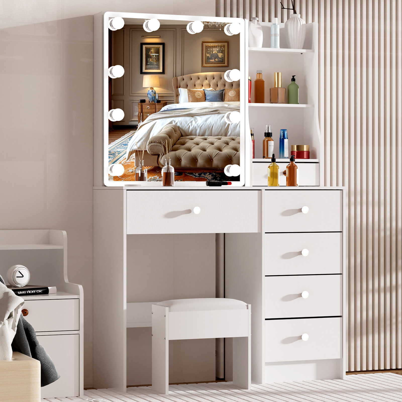 طاولة مكياج بيضاء عصرية مع مرآ - مراجعة Office Furniture Okc وسعره