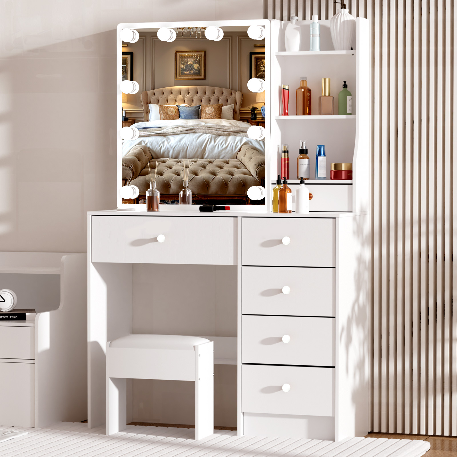 طاولة مكياج بيضاء عصرية مع مرآ - مراجعة Office Furniture Okc وسعره